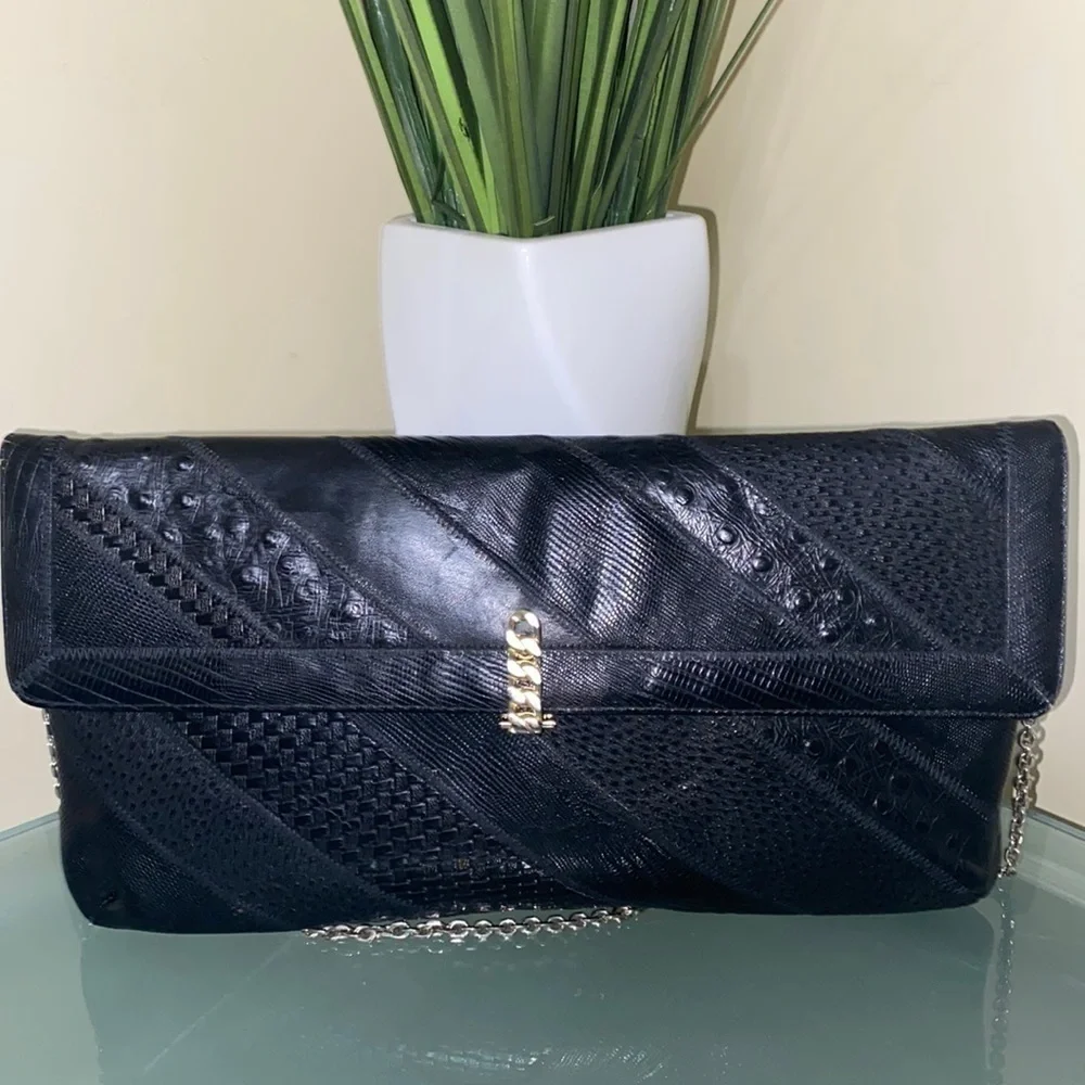 Vintage Caprice Black Leather Clutch with Gold Chain Strap Retail $299